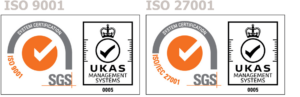 ISO 9001 and ISO 27001 logos.